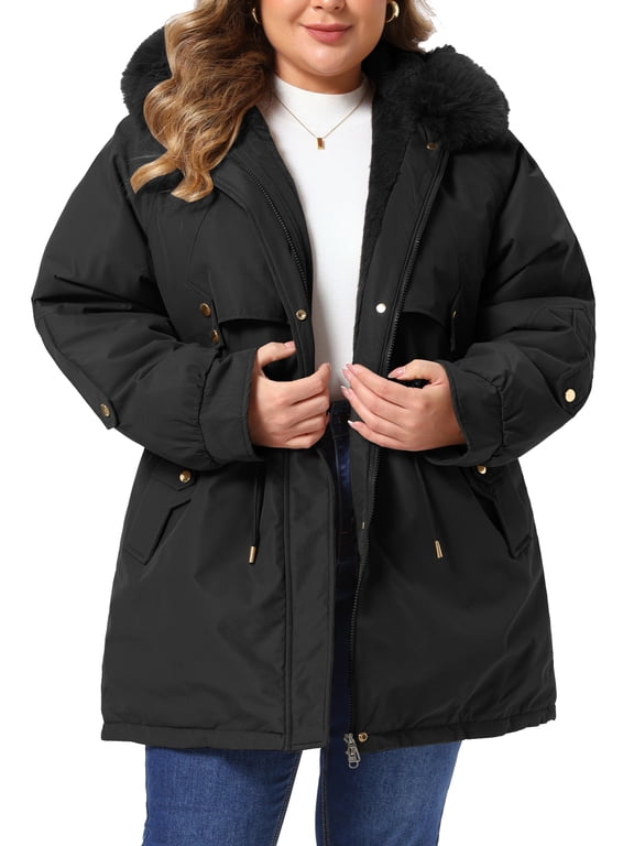 Women's Plus Size Trench Coats Drawstring Waist Zipper Rain Windbreaker Detachable Hood Winter Jackets with Pocket 3X Black