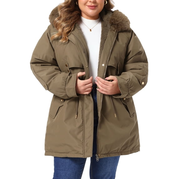 Agnes Orinda Women's Plus Size Trench Coats Drawstring Waist Zipper Rain Windbreaker Detachable Hood Winter Jackets with Pocket L Coffee