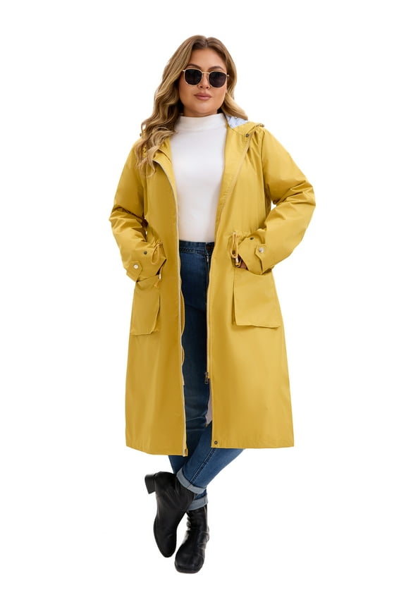 Women's Plus Size Trench Coats Hooded Windbreaker Zipper Drawstring Waist Jacket Outdoor with Pockets 1X Yellow