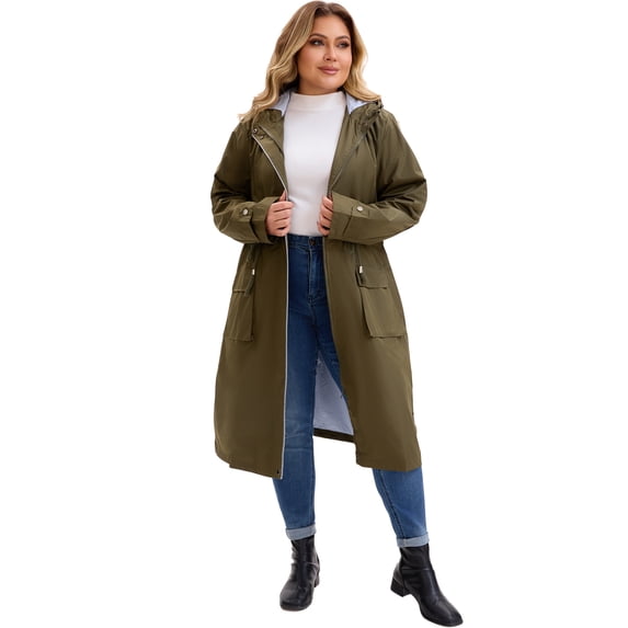 Agnes Orinda Women's Plus Size Trench Coats Hooded Windbreaker Zipper Drawstring Waist Jacket Outdoor with Pockets 3X Army Green