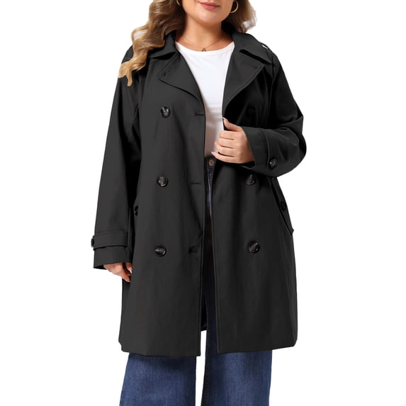 Agnes Orinda Women's Plus Size Trench Coats Notch Lapel Double Breasted Detachable Hood Winter Midi Pea Coats Jacket with Pocket 1X Black