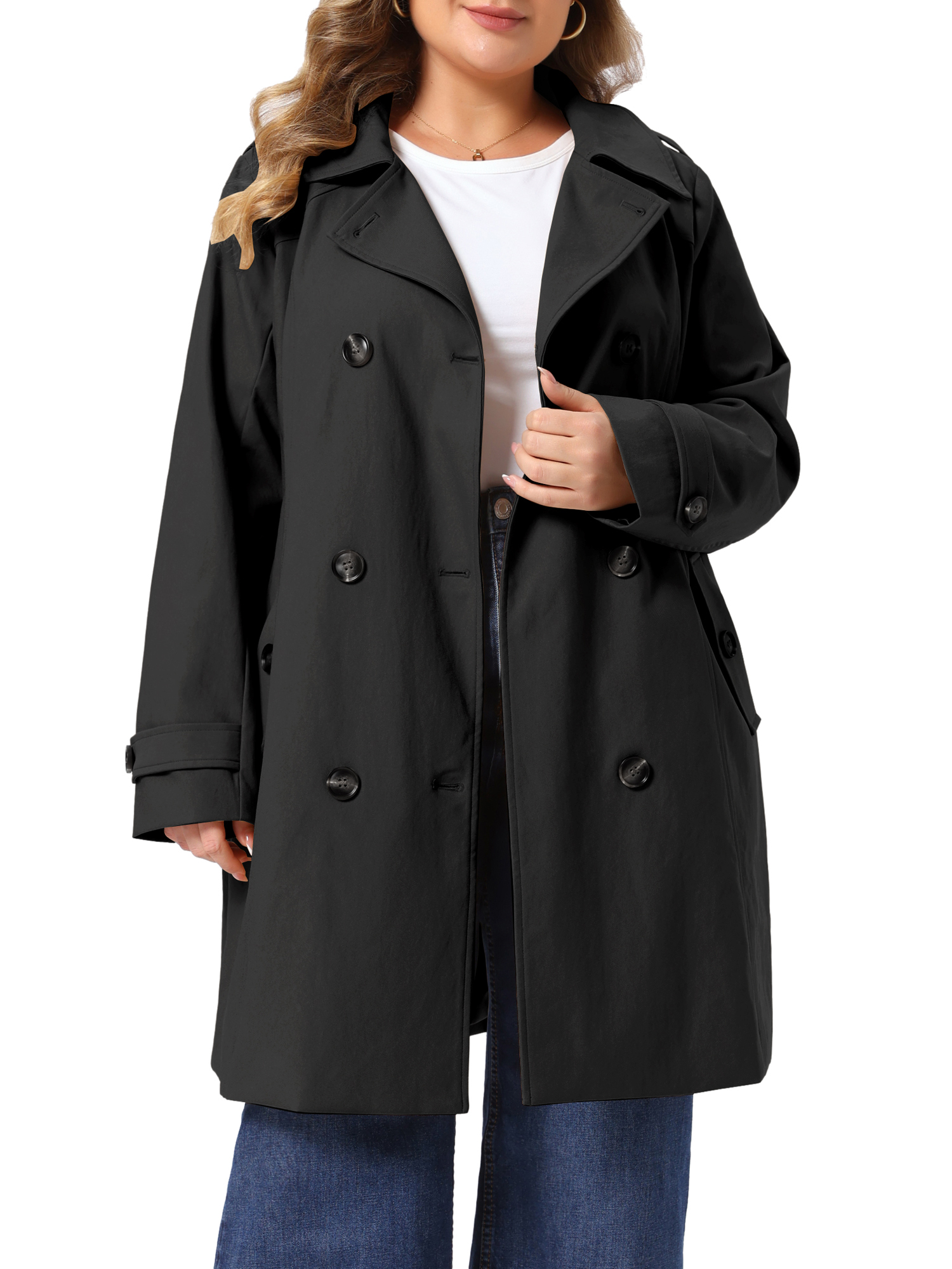 Agnes Orinda Women's Plus Size Trench Coats Notch Lapel Double Breasted Detachable Hood Winter Midi Pea Coats Jacket with Pocket 2X Black