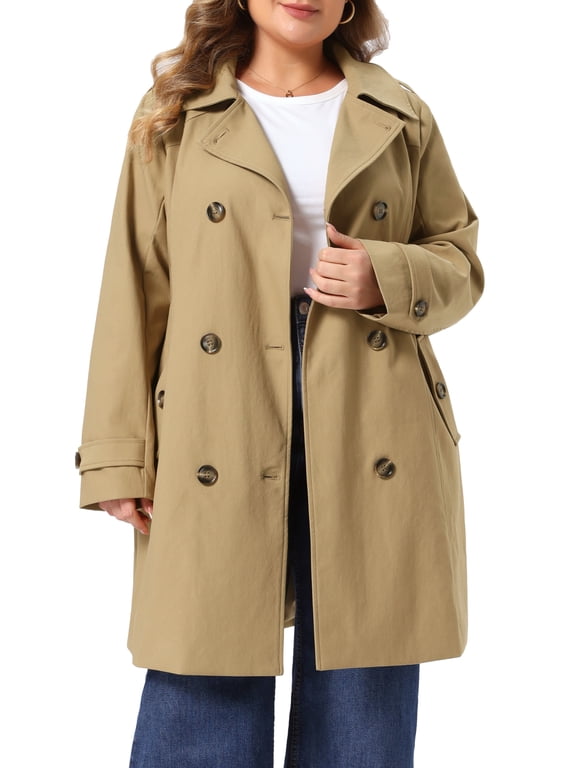 Women's Plus Size Trench Coats Notch Lapel Double Breasted Detachable Hood Winter Midi Pea Coats Jacket with Pocket 3X Khaki