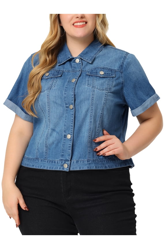 Women's Plus Size Trucker Jackets Button Front Short Sleeves Casual Crop Denim Jacket 1X Sky Blue