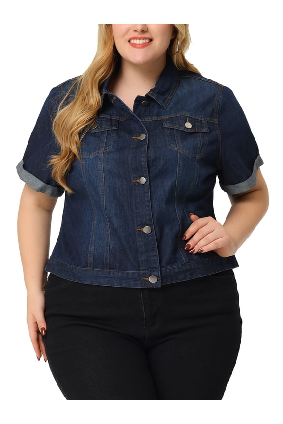 Women's Plus Size Trucker Jackets Button Front Short Sleeves Casual Crop Denim Jacket 3X Dark Blue