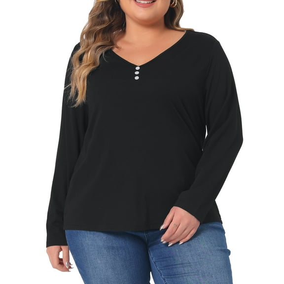 Agnes Orinda Women' s Plus Size Tshirt for Casual Tops Button Front Long Sleeve Tee Top 3X Black