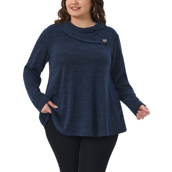 Agnes Orinda Women's Plus Size Sweatshirt Tops Cowl Neck Long Sleeve Pockets Casual Tunic Blouse with Button Decor 1X Dark Blue