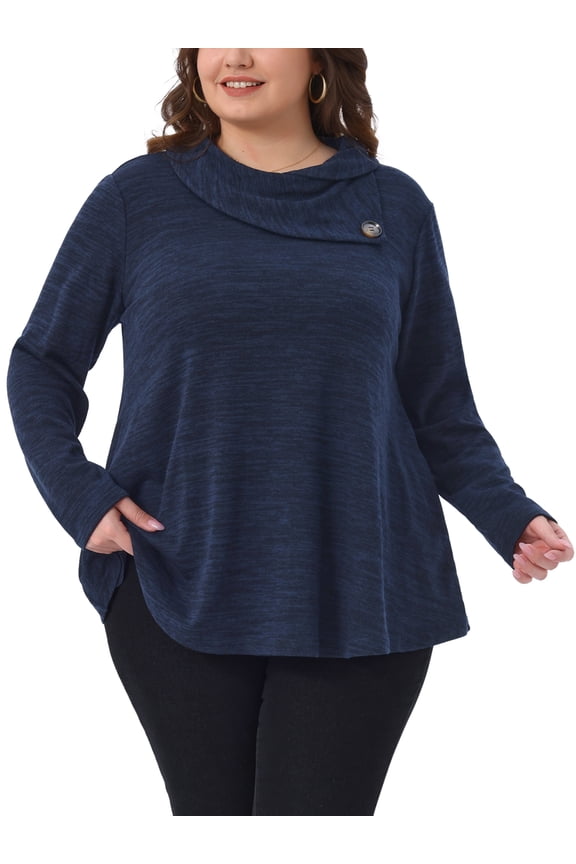 Women's Plus Size Sweatshirt Tops Cowl Neck Long Sleeve Pockets Casual Tunic Blouse with Button Decor 3X Dark Blue