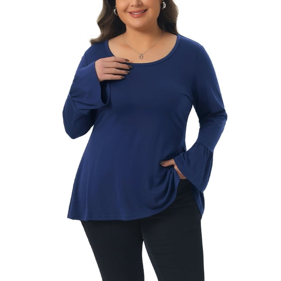Agnes Orinda Women's Plus Size Tunic Blouse High Low Hem Long Bell Sleeve Crew Neck Casual Flared Top 3X Dark Blue