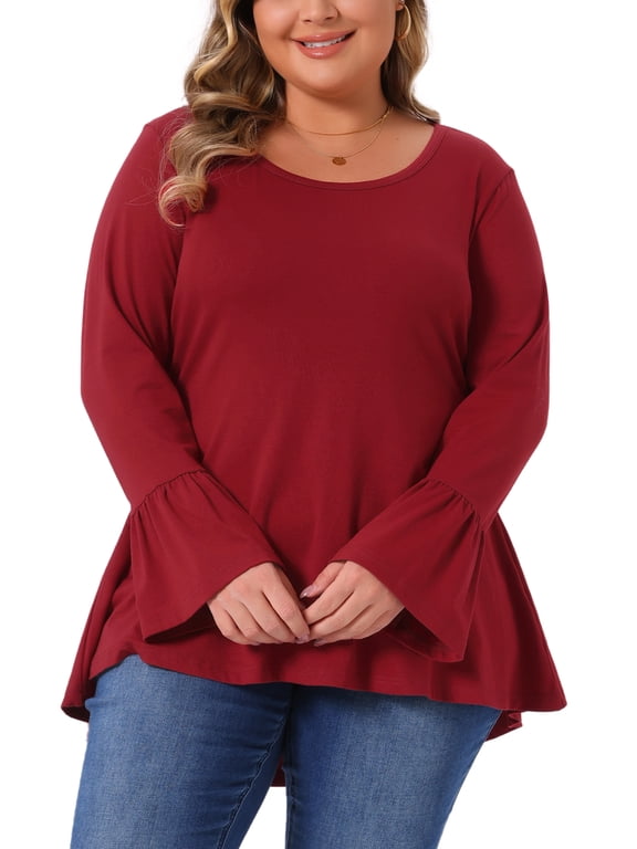 Women's Plus Size Tunic Blouse High Low Hem Long Bell Sleeve Crew Neck Casual Flared Top 4X Burgundy