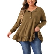 AGNES ORINDA Women's Plus Size Tunic Button Henley V Neck Long Sleeve Ruffled Hem Swing Blouses 2X Brown