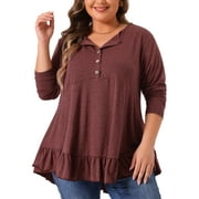 AGNES ORINDA Women's Plus Size Tunic Button Henley V Neck Long Sleeve Ruffled Hem Swing Blouses 1X Burgundy