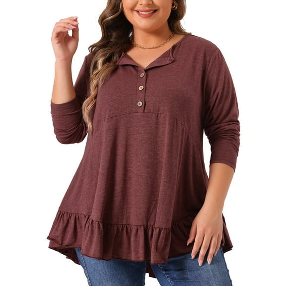 Plus Size Tunic Tops for Women Button V Neck Long Sleeve Ruffled Hem Swing Flowy Blouses 2X Burgundy