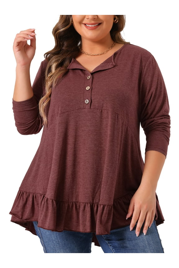 Plus Size Tunic Tops for Women Button V Neck Long Sleeve Ruffled Hem Swing Flowy Blouses 2X Burgundy