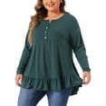 thumbnail image 1 of Plus Size Tunic Tops for Women Button V Neck Long Sleeve Ruffled Hem Swing Flowy Blouses 4X Dark Green, 1 of 6
