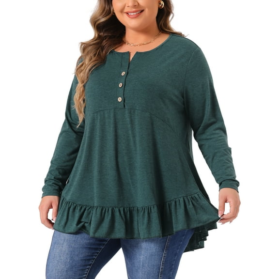 Plus Size Tunic Tops for Women Button V Neck Long Sleeve Ruffled Hem Swing Flowy Blouses 4X Dark Green