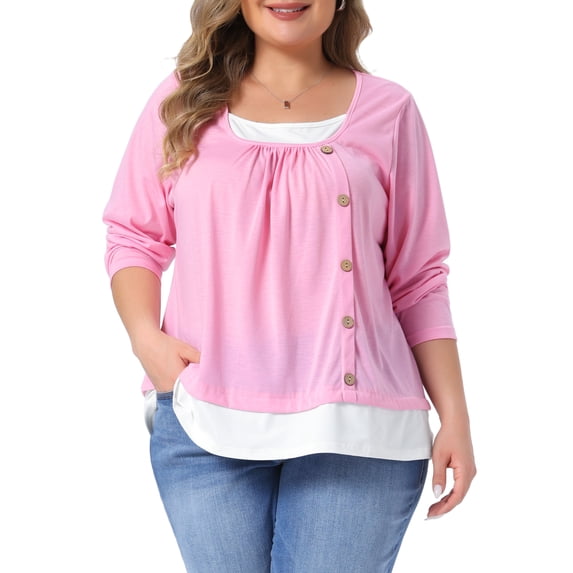 Agnes Orinda Women's Plus Size Tunic Top Color Block Button Decor Square Neck Gathered Front Long Sleeve Casual Cute Blouse 3X Pink