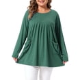 thumbnail image 1 of Agnes Orinda Women's Plus Size Tunic Top Crew Neck Long Sleeve Pleated Henley Button Decor Blouses with Pockets 1X Dark Green, 1 of 8
