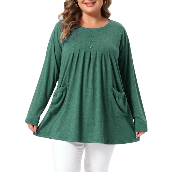 Agnes Orinda Women's Plus Size Tunic Top Crew Neck Long Sleeve Pleated Henley Button Decor Blouses with Pockets 1X Dark Green