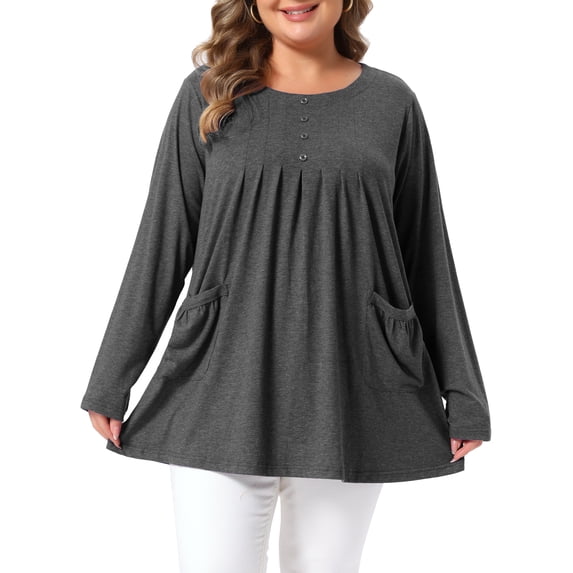 Agnes Orinda Women's Plus Size Tunic Top Crew Neck Long Sleeve Pleated Henley Button Decor Blouses with Pockets 2X Dark Grey