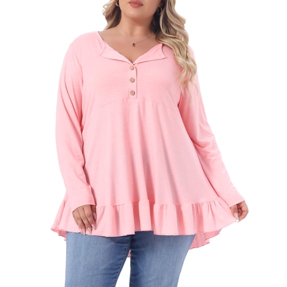 Agnes Orinda Women's Plus Size School College Tunic Tops Button Henley V Neck Long Sleeves Ruffled Hem Swing Flowy Blouses 3X Pink