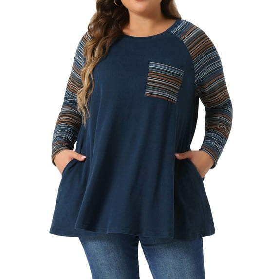 Plus Size Tunic Tops for Women Long Sleeve Raglan Color Block Knit Pullover Shirts with Pockets 4X Navy Blue