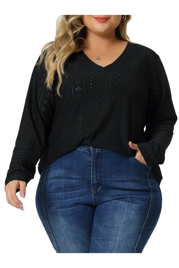 Women' s Plus Size Tunic Tops V Neck Long Sleeve Hollow T-Shirt Blouse Tunic Tops 2X Black
