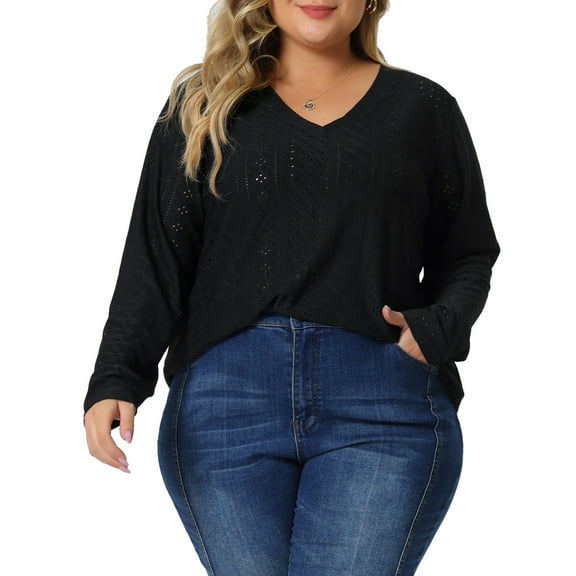 Agnes Orinda Women' s Plus Size Tunic Tops V Neck Long Sleeve Hollow T-Shirt Blouse Tunic Tops 4X Black