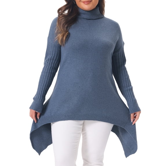 Agnes Orinda Women's Plus Size Turtleneck Tunic Sweater Long Sleeve Asymmetric Hem Soft Warm Casual Ribbed Knit Top 1X Large Blue