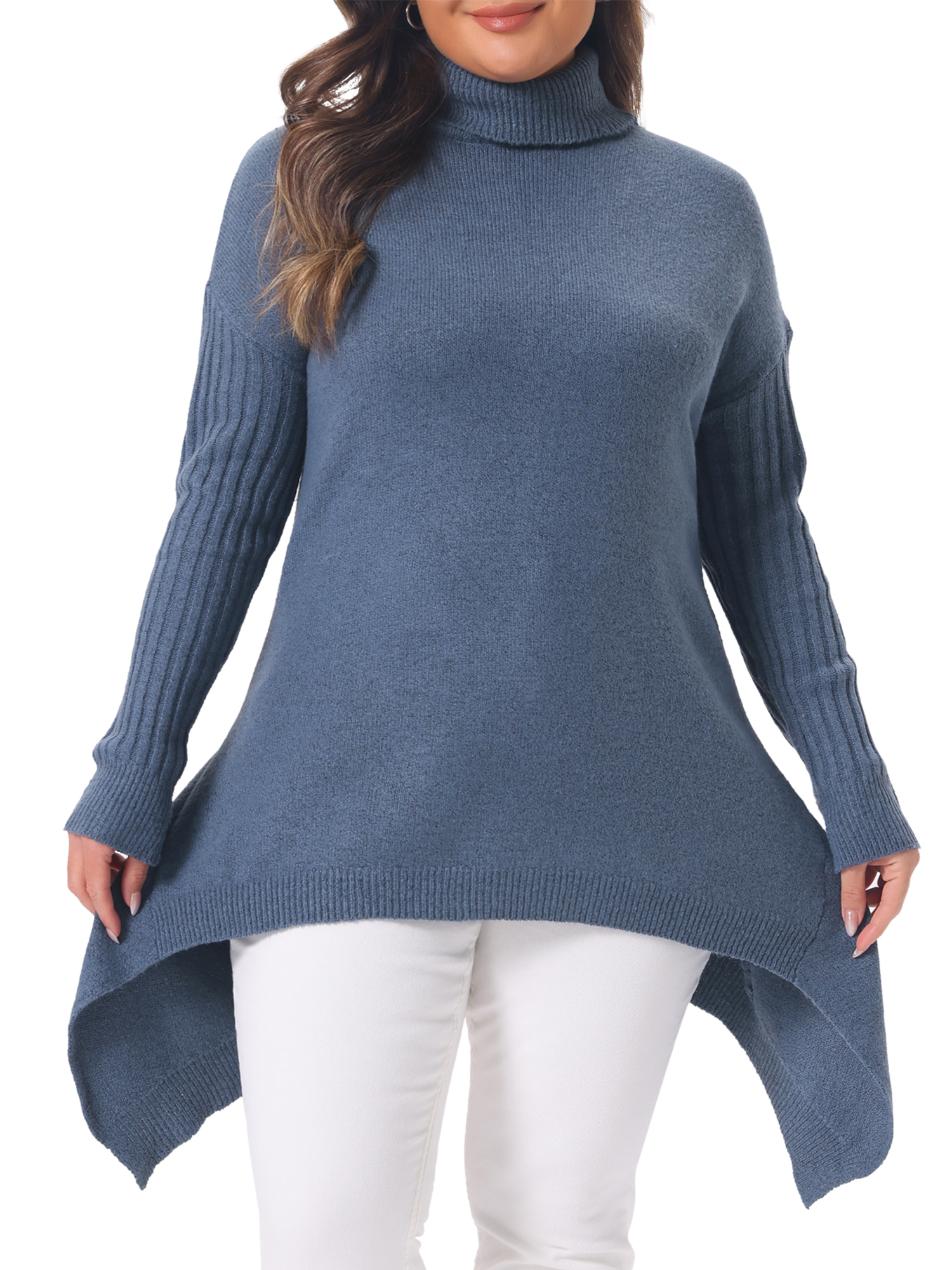 Agnes Orinda Women's Plus Size Turtleneck Tunic Sweater Long Sleeve Asymmetric Hem Soft Warm Casual Ribbed Knit Top 1X Large Blue