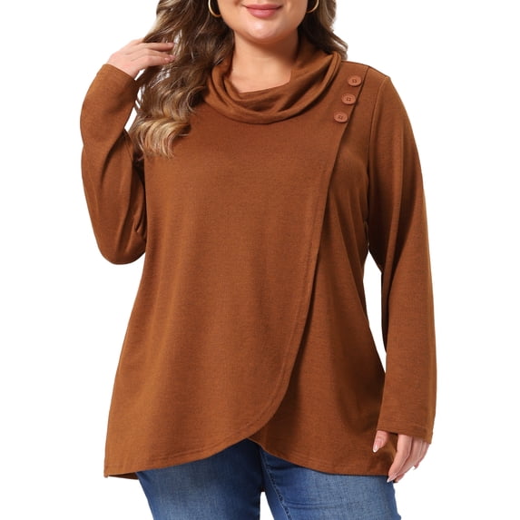 Agnes Orinda Women's Plus Size Halloween Outfits Turtleneck Wrap Tunic Top Asymmetric Side Button Long Sleeve Casual Business Blouse 1X Orange Brown