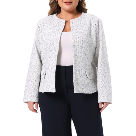 Agnes Orinda Women's Plus Size Tweed Blazer Plaid Collarless Open Front Long Sleeve Business Casual Jacket Suits with Button Decor 4X Beige