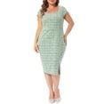 thumbnail image 1 of Agnes Orinda Women's Plus Size Tweed Dress Sheath Vintage Square Neck Cap Sleeve Side Split Work Midi Pencil Dresses with Zipper 3X Green, 1 of 6
