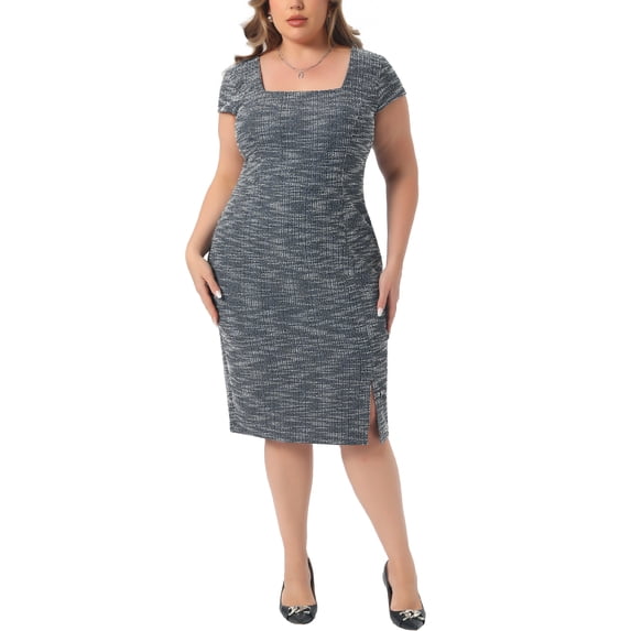 Agnes Orinda Women's Plus Size Tweed Dress Sheath Vintage Square Neck Cap Sleeve Side Split Work Midi Pencil Dresses with Zipper 4X Blue