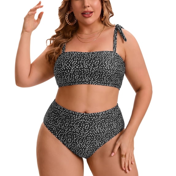 Agnes Orinda Women's Plus Size Two Piece Bikini Set Drawstring High Waisted Tummy Control Push Up Vacation Beach Swimsuit Set 1X Black