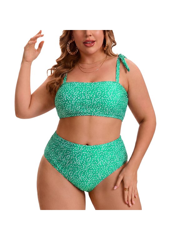 Women's Plus Size Two Piece Bikini Set Drawstring High Waisted Tummy Control Push Up Vacation Beach Swimsuit Set 4X Green