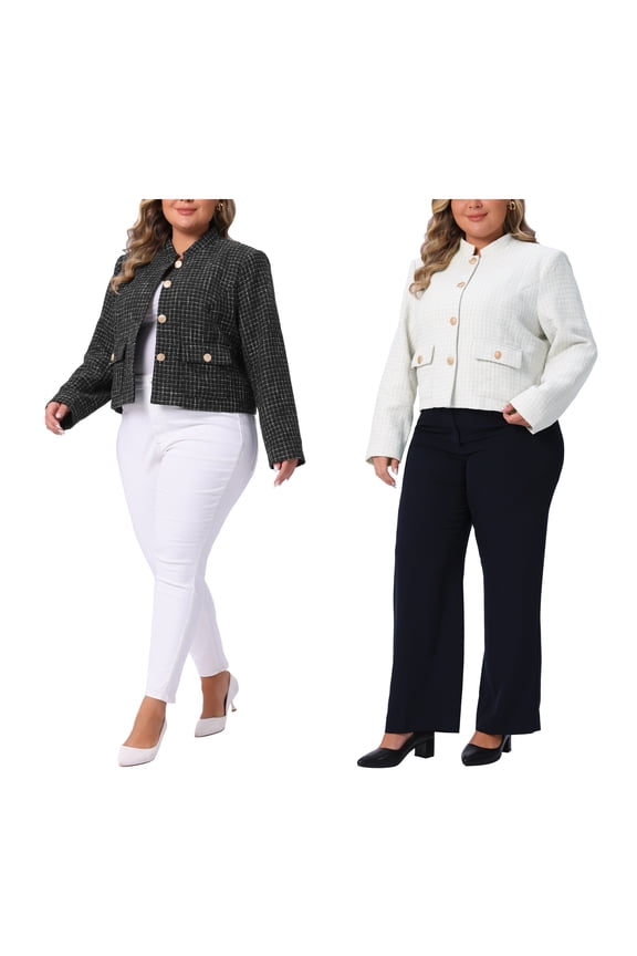 Women's Plus Size Two Piece Plaid Tweed Blazer Long Sleeve Button Down Elegant Cropped Jacket with Pockets 4X White/Black