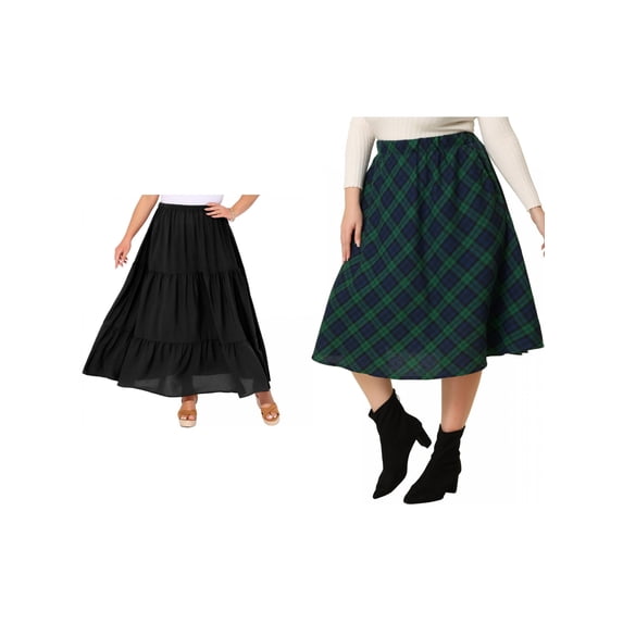 NOMADIC NOOK Women's Plus Size Two Pieces A Line Knee Length Flare Plaid Skirts 3X Black/Green