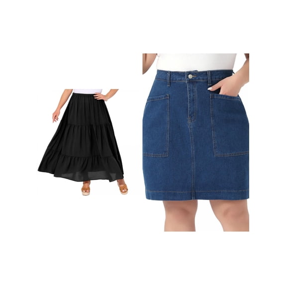 Agnes Orinda Women's Plus Size Two Pieces Denim Pencil Skirts and Swing Skirt High Waist Work Casual Summer Midi Jean Skirt with Pockets 1X Black/Blue