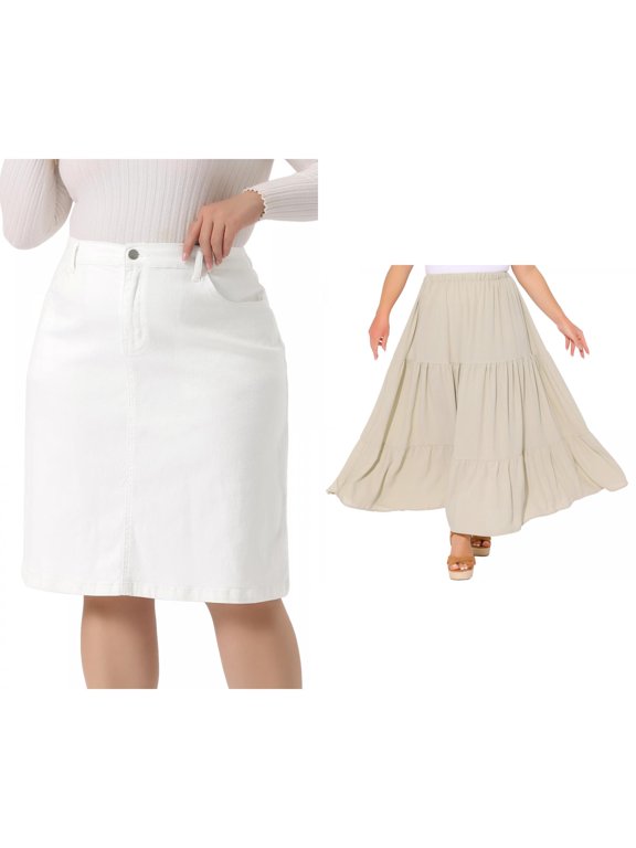 NOMADIC NOOK Women's Plus Size Two Pieces Denim Skirt and Swing Skirt Slash Elastic Waist Back Flared Vent Jeans Skirts 3X Beige/White