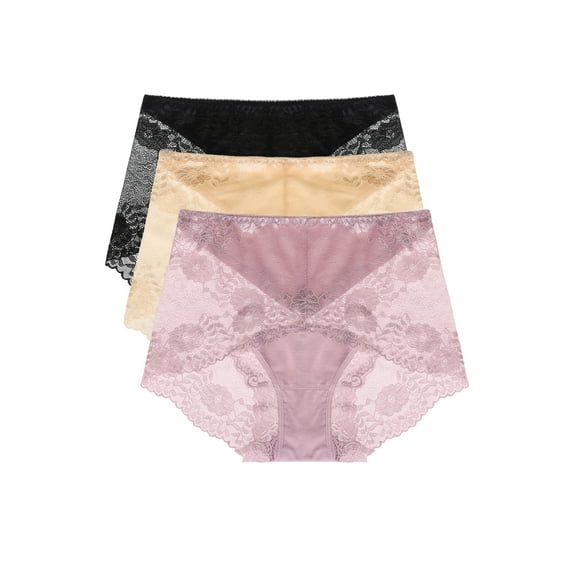 Agnes Orinda Women's Plus Size Underwear Floral Lace Mid-Waist Panty 3-Pack Briefs