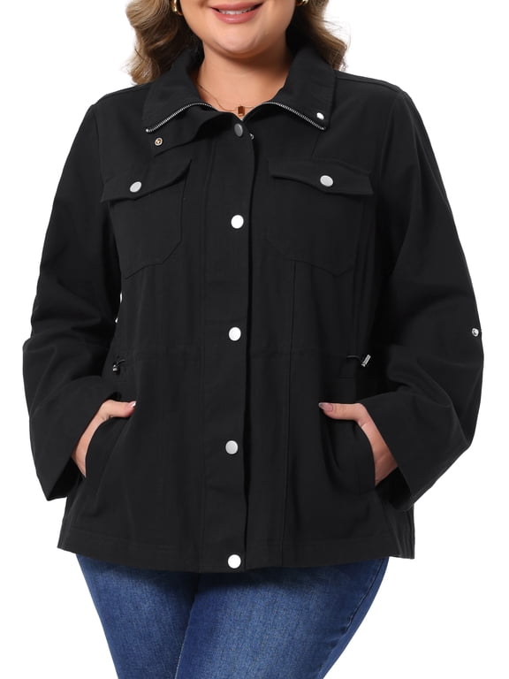 Women's Plus Size Utility Jacket Collar Zip Snap Front Drawstring Waist Anorak Jackets with Pockets Cargo Coat 1X Black