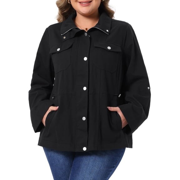 Agnes Orinda Women's Plus Size Utility Jacket Collar Zip Snap Front Drawstring Waist Anorak Jackets with Pockets Cargo Coat 2X Black