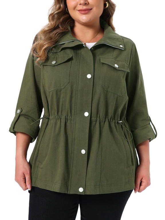 Women's Plus Size Utility Jacket Collar Zip Snap Front Drawstring Waist Anorak Jackets with Pockets Cargo Coat 3X Army Green