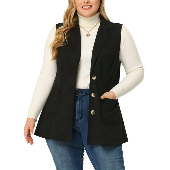 Agnes Orinda Women's Plus Size Vest Jacket Notch Lapel Casual Utility Sleeveless Suede Jacket 1X Black