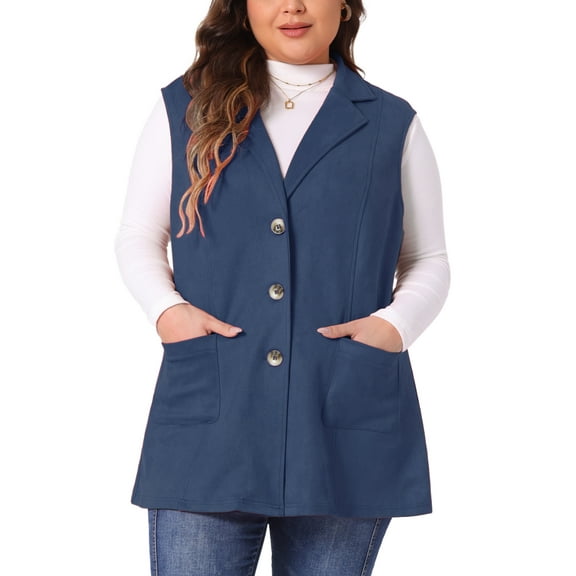 Agnes Orinda Women's Plus Size Vest Jacket Notch Lapel Casual Utility Sleeveless Suede Jacket 1X Dark Blue