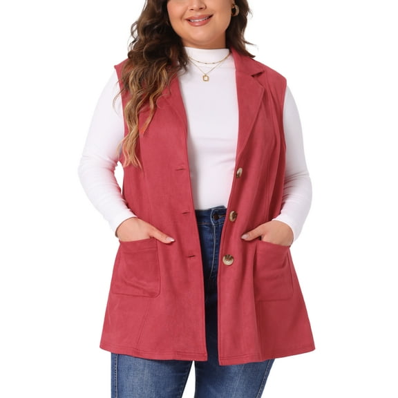 Agnes Orinda Women's Plus Size Vest Jacket Notch Lapel Casual Utility Sleeveless Suede Jacket 2X Red