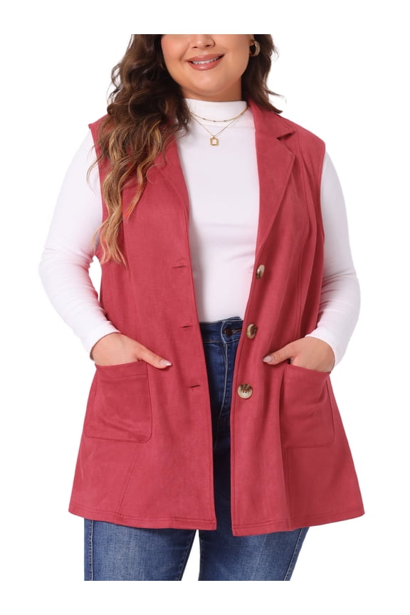 Women's Plus Size Vest Jacket Notch Lapel Casual Utility Sleeveless Faux Suede Jacket 2X Red