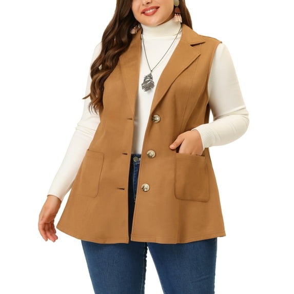 Agnes Orinda Women's Plus Size Vest Jacket Notch Lapel Casual Utility Sleeveless Faux Suede Jacket 2X Brown