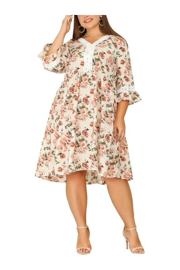 Women's Plus Size V Neck 3/4 Sleeves Lace Floral Loose Fit Babydoll Dresses
